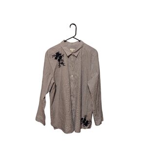 J. Jill Blue White Stripe Button Front Shirt XL Floral Embroidered Cotton Boho